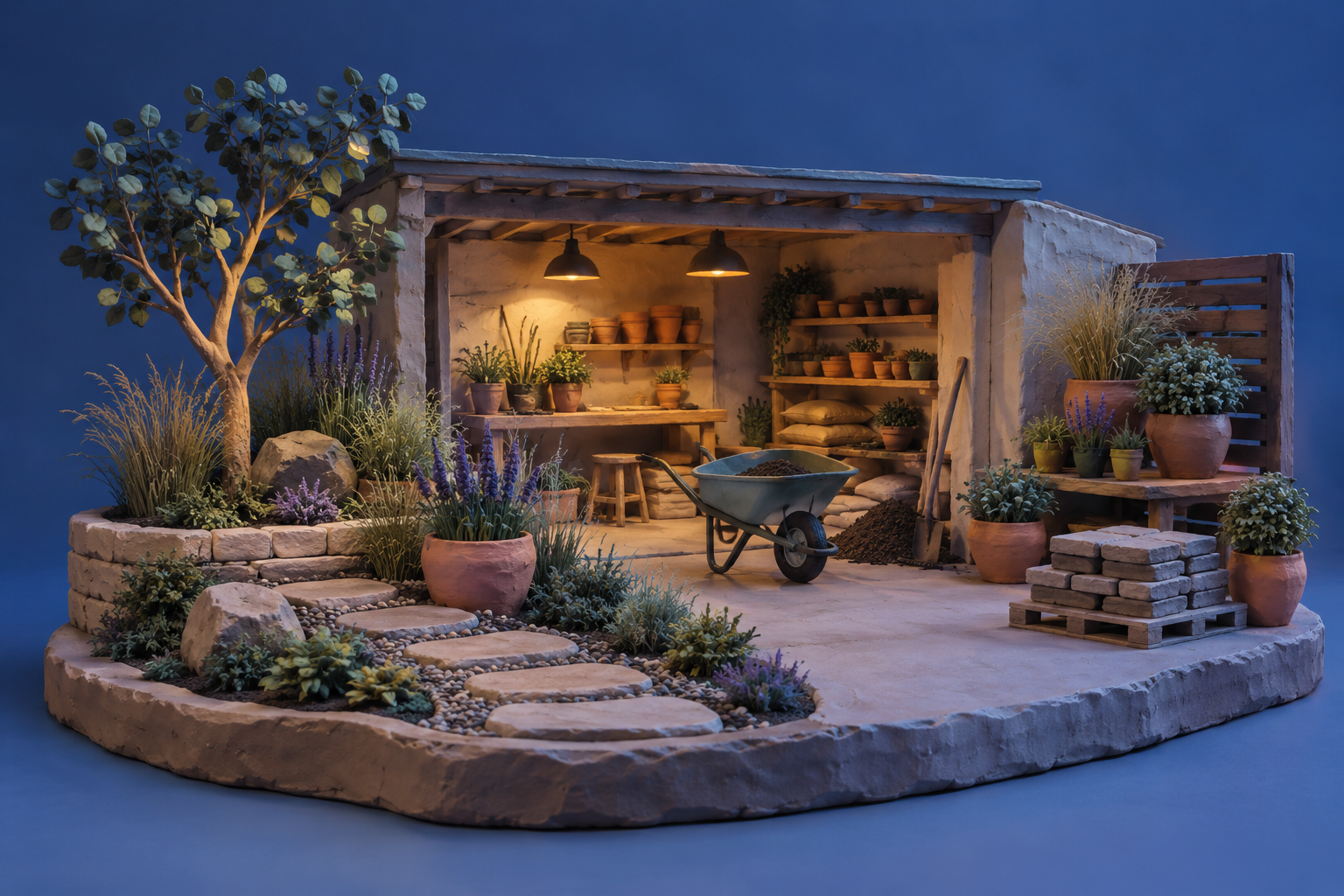 Illustration of landscape design yard: a small garden path, terra-cotta planters, ornamental grasses